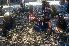 Women weaving pandanus leaves to make mats, a traditional craft, Barebuka.