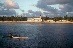 View from the ship to the village of Bakaka with its huge Protestant church, while leaving Tamana, the second southernmost and smallest island of Kiribati.