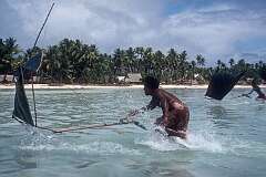 Men racing model canoes in the lagoon of Tabiteuea islet.