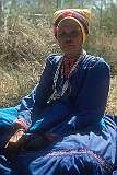 A Damara woman in traditional dress in Otavi (Otjitavi), 360 kilometres north of Windhoek in the north of Namibia. The Damaran speak the Khoekhoe language, like the Nama people.