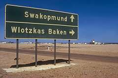 Turnoff to Wlotzkas Baken,  a holiday settlement, approximately halfway between Henties Bay and Swakopmund.