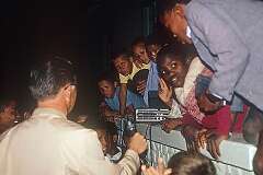 Vater Sonntag and the Nama boys, singing for the tape recorder, in the mission in Mariental Location (Tsaraxeibes).
