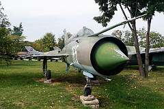 A Mikoyan-Gurevich MiG-21 UM (NATO reporting name: Fishbed), a Soviet built supersonic jet fighter aircraft.