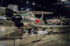 Dayton, Ohio, USA - A North American F-86D Sabre, an all-weather interceptor, the air intake reshaped to make room for the enclosed radar. It was the first production single-seat fighter to which air-to-air missiles replaced the classic gun armament.