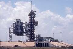 Cape Canaveral, Florida, USA - The launch tower at Launch Complex 39, the rocket launch site at the John F. Kennedy Space Center, originally built for the Apollo program and later modified for the Space Shuttle program.