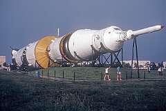 Houston, Texas, 1980 - The Saturn V, the three-stage super heavy-lift launch vehicle, developed for the Apollo program; at the Lyndon B. Johnson Space Center, NASA's Manned Spacecraft Centre where human spaceflight training, research, and flight control are conducted.