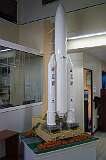 Kourou, French Guiana - A model of an Ariane 5 rocket, a European heavy lift launch vehicle, an expendable launch system used to deliver payloads into geostationary transfer orbit (GTO) or low Earth orbit (LEO); in the central building associated with the launches of Ariane and Vega rockets.