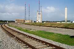 Kourou, French Guiana - The railroad for transporting the Ariane 5 rockets from the assembly building to the launching site.