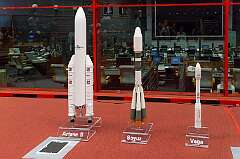 Kourou, French Guiana - Models of Ariane 5, Soyuz and Vega rockets at the Launch Control Centre.