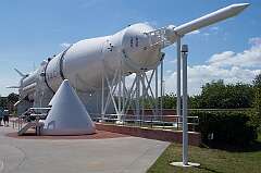 Cape Canaveral, Florida, USA - Saturn V, the three-stage liquid-fuelled super heavy-lift launch vehicle that was developed to support the Apollo program for human exploration of the Moon; in the Rocket Garden display.