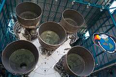 Cape Canaveral, Florida, USA - The first stage of Saturn V, the three-stage super heavy-lift launch vehicle, developed to support the Apollo program for human exploration of the Moon.