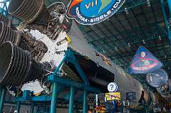 Cape Canaveral, Florida, USA - The first stage of Saturn V with the emblems of the different Apollo missions to and around the moon, at Kennedy Space Center Visitor Complex.