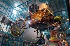 Cape Canaveral, Florida, USA - The third stage of the three-stage Saturn V, with a moon lander and the emblems of the Apollo missions.