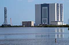 Cape Canaveral, Florida, USA - View from the Banana Creek Launch Viewing spot, at the Apollo/Saturn V Center, to the Vehicle Assembly Building for the Saturn V and the Space Shuttle. It is the largest single-story building in the world, over 160 metres high.