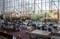 Washington, DC, USA - A mockup of the Apollo–Soyuz Test Project, conducted in July 1975, the first joint U.S.–Soviet space flight, which involved the docking of an Apollo Command/Service Module with the Soviet Soyuz 19. The unnumbered Apollo vehicle was a surplus from the terminated Apollo program and the last one to fly.